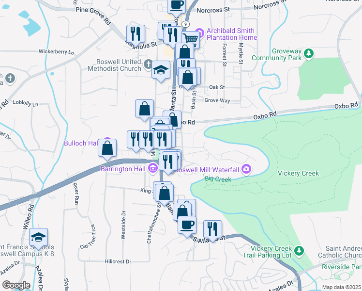 map of restaurants, bars, coffee shops, grocery stores, and more near 600 Elm Street in Roswell