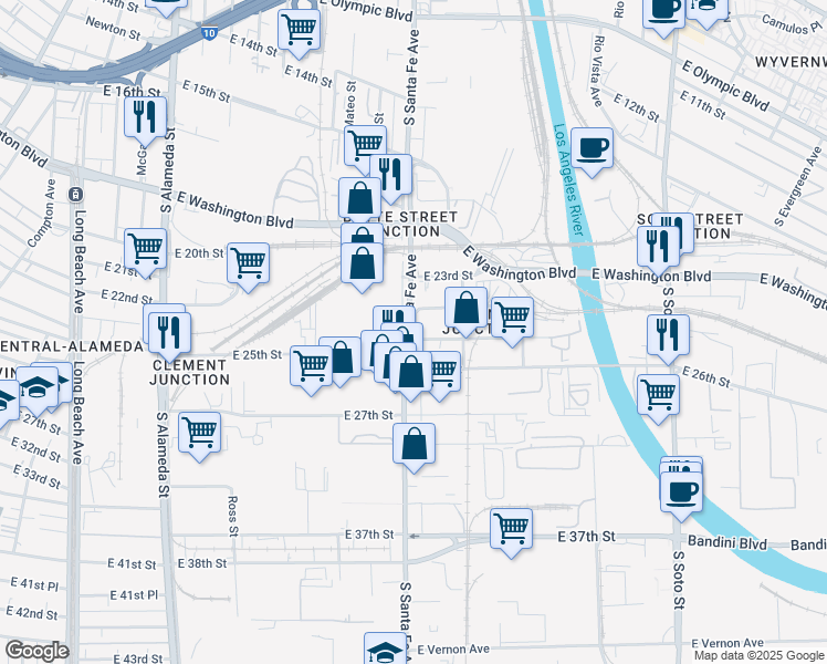 map of restaurants, bars, coffee shops, grocery stores, and more near 2418 S Santa Fe Ave in Vernon