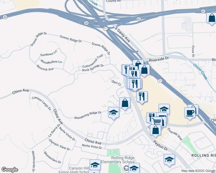 map of restaurants, bars, coffee shops, grocery stores, and more near 91 Le Parc Boulevard in Chino Hills