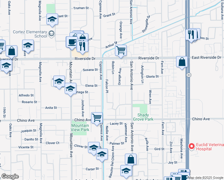 map of restaurants, bars, coffee shops, grocery stores, and more near 13100 Robin Court in Chino