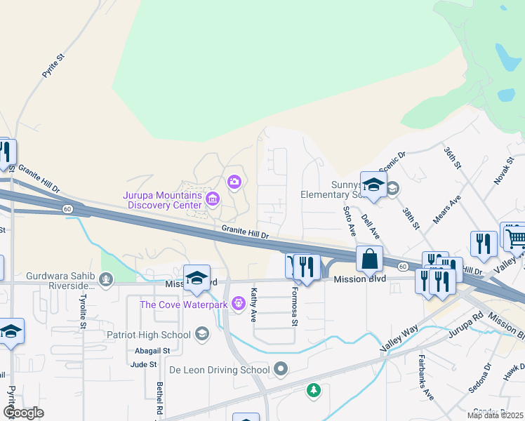 map of restaurants, bars, coffee shops, grocery stores, and more near 7410 Hawkeye Ridge Road in Jurupa Valley