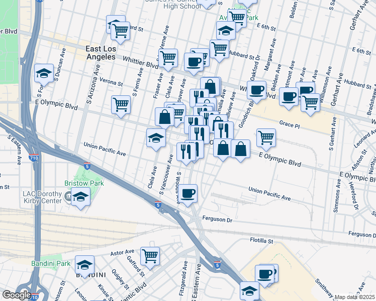 map of restaurants, bars, coffee shops, grocery stores, and more near 1230 South Woods Avenue in East Los Angeles