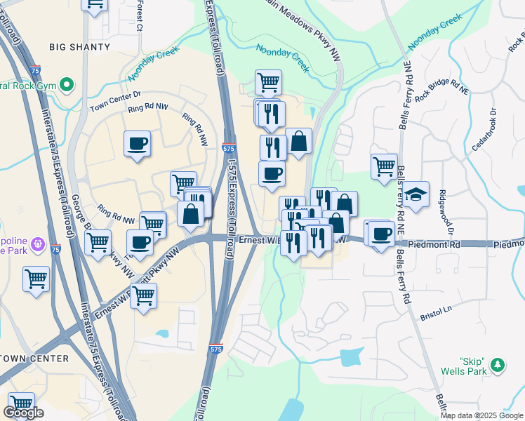 map of restaurants, bars, coffee shops, grocery stores, and more near 190 Roberts Trail in Marietta