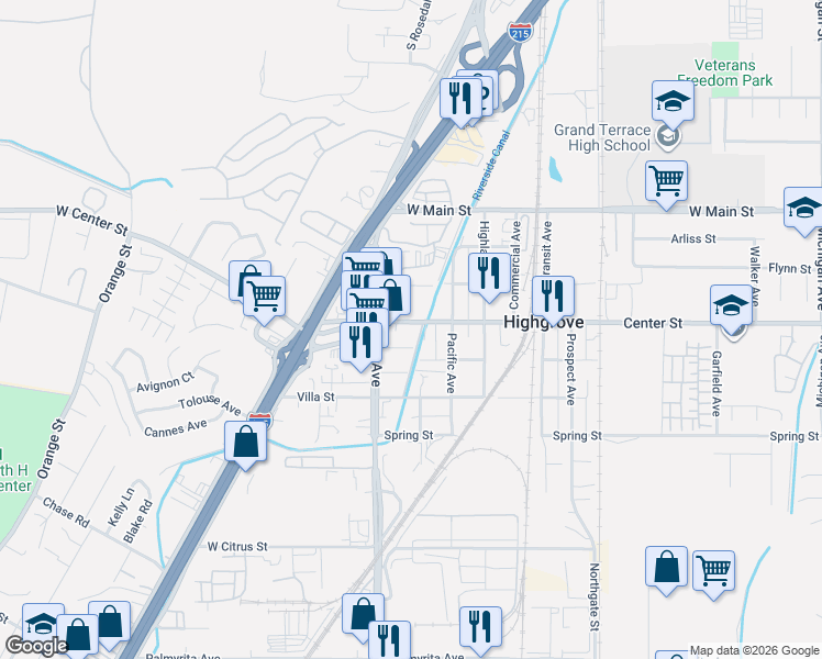 map of restaurants, bars, coffee shops, grocery stores, and more near 1252 Center Street in Riverside