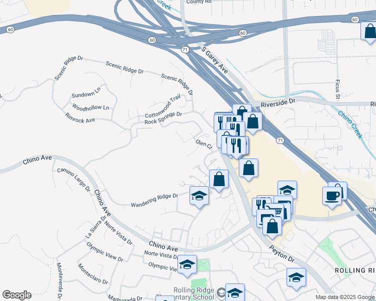 map of restaurants, bars, coffee shops, grocery stores, and more near 91 Le Parc Boulevard in Chino Hills