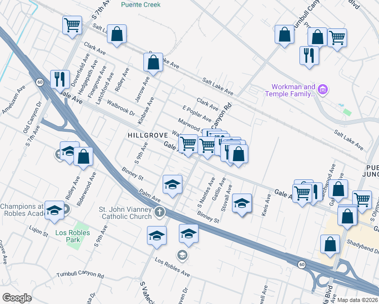 map of restaurants, bars, coffee shops, grocery stores, and more near in Hacienda Heights