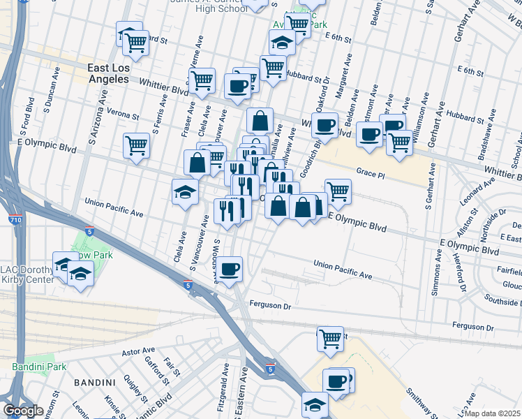 map of restaurants, bars, coffee shops, grocery stores, and more near 1221 Amalia Avenue in East Los Angeles