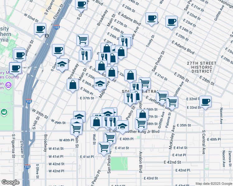 map of restaurants, bars, coffee shops, grocery stores, and more near 336 East 35th Street in Los Angeles