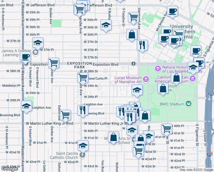 map of restaurants, bars, coffee shops, grocery stores, and more near 1155 West 39th Street in Los Angeles