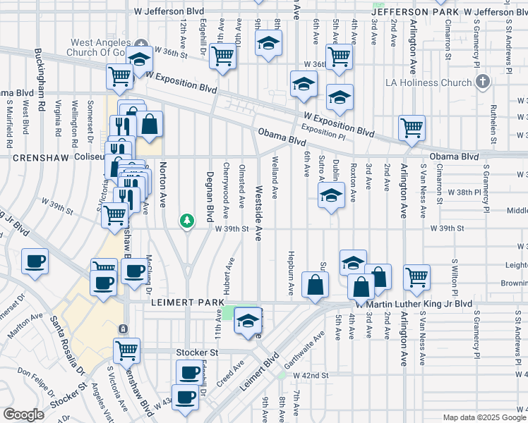 map of restaurants, bars, coffee shops, grocery stores, and more near 3867 Westside Avenue in Los Angeles