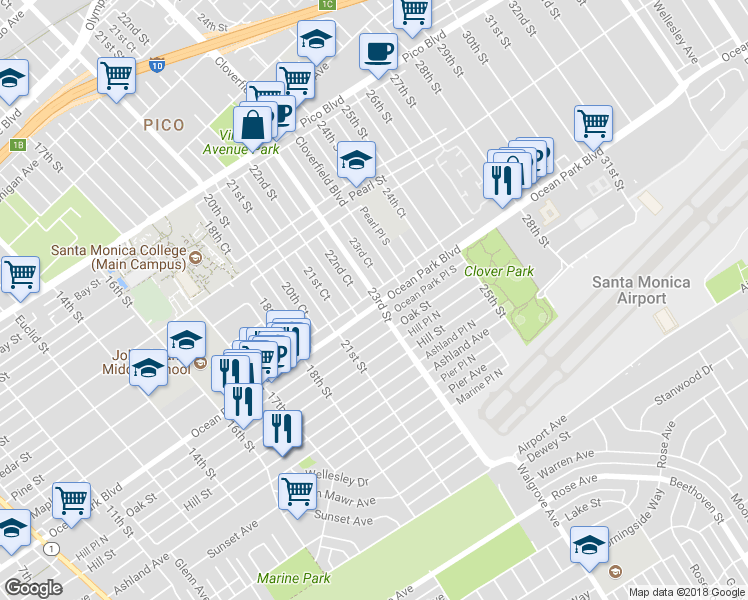 map of restaurants, bars, coffee shops, grocery stores, and more near 2217 Ocean Park Place North in Santa Monica