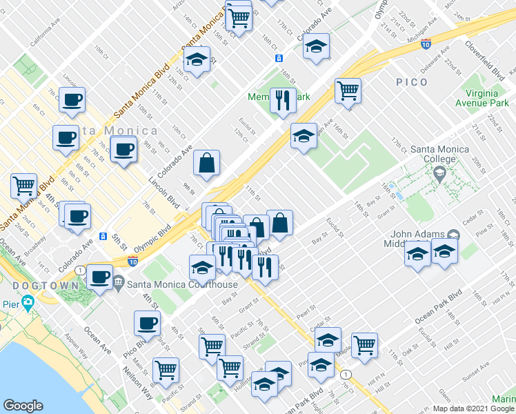 map of restaurants, bars, coffee shops, grocery stores, and more near 1814 11th Street in Santa Monica