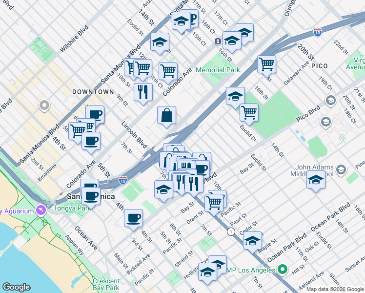 map of restaurants, bars, coffee shops, grocery stores, and more near 1750 10th Street in Santa Monica