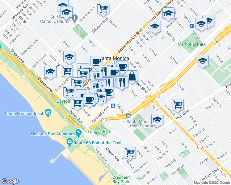 map of restaurants, bars, coffee shops, grocery stores, and more near 1540 6th Street in Santa Monica