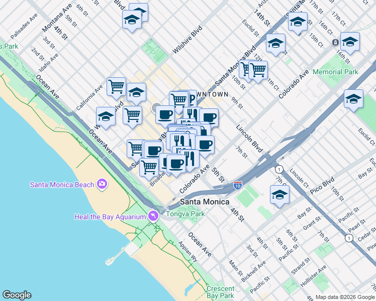 map of restaurants, bars, coffee shops, grocery stores, and more near 520 Broadway in Santa Monica