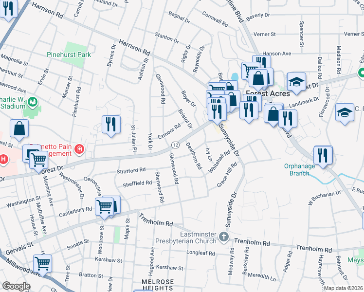 map of restaurants, bars, coffee shops, grocery stores, and more near 1509 Dearborn Road in Columbia
