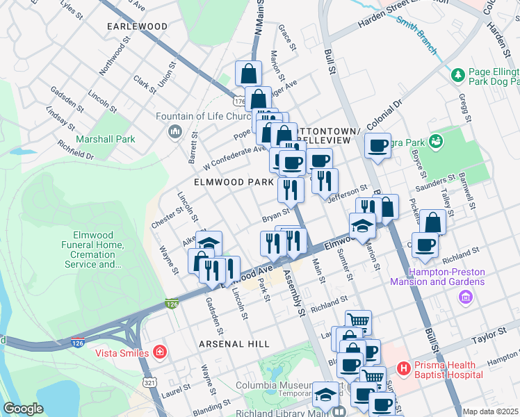 map of restaurants, bars, coffee shops, grocery stores, and more near 2212 Rembert Street in Columbia