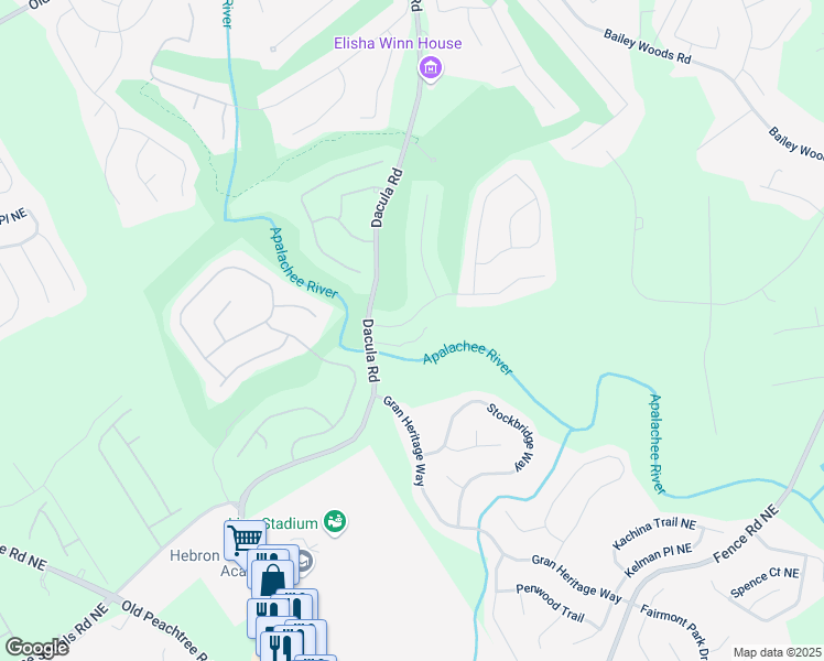 map of restaurants, bars, coffee shops, grocery stores, and more near 2645 Preston Ridge Lane in Dacula