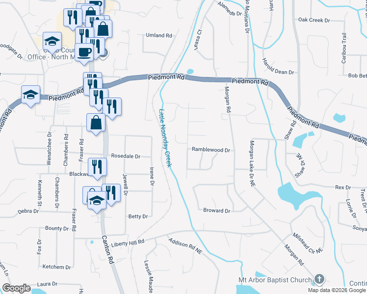 map of restaurants, bars, coffee shops, grocery stores, and more near 2635 Hedgerow Drive in Marietta