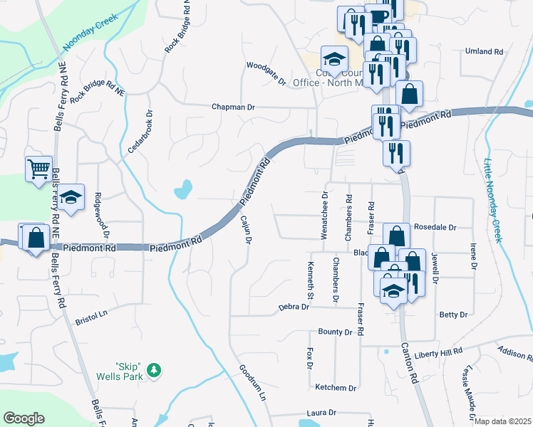 map of restaurants, bars, coffee shops, grocery stores, and more near 530 Chicapoo Drive in Marietta