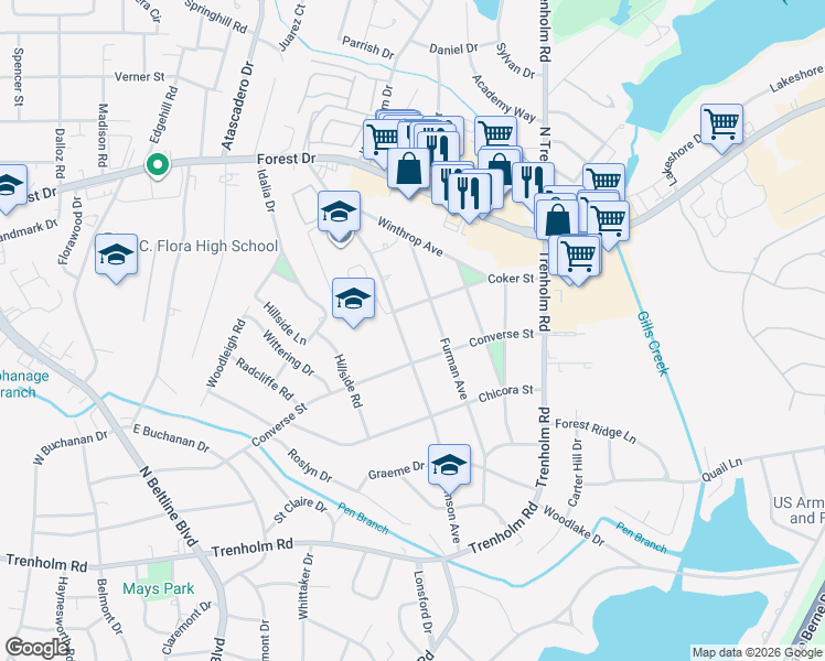 map of restaurants, bars, coffee shops, grocery stores, and more near 5028 Clemson Ave in Columbia