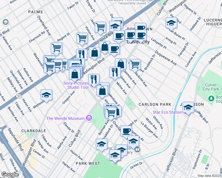 map of restaurants, bars, coffee shops, grocery stores, and more near 10458 Culver Boulevard in Culver City
