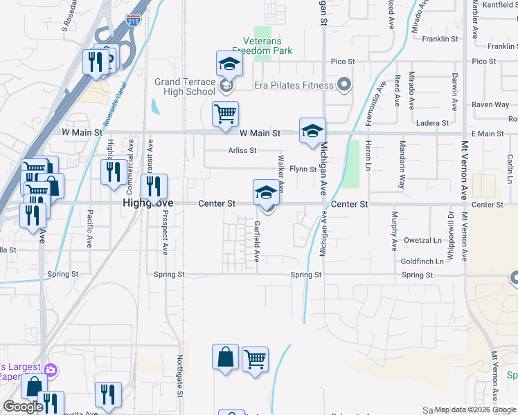 map of restaurants, bars, coffee shops, grocery stores, and more near 690 Center Street in Riverside