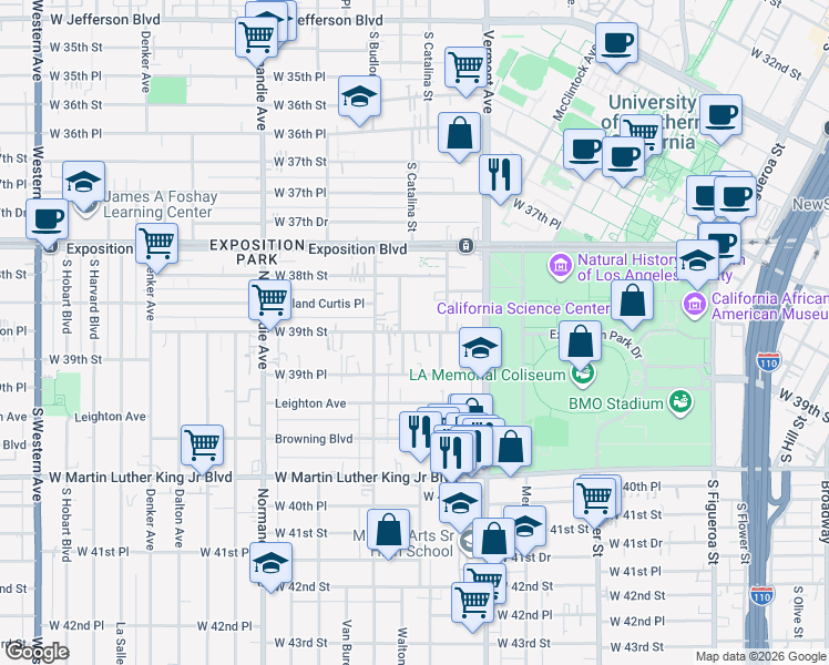 map of restaurants, bars, coffee shops, grocery stores, and more near 1087 West 39th Street in Los Angeles