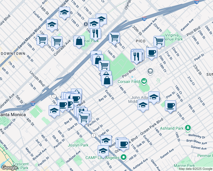 map of restaurants, bars, coffee shops, grocery stores, and more near 1301 Pico Boulevard in Santa Monica