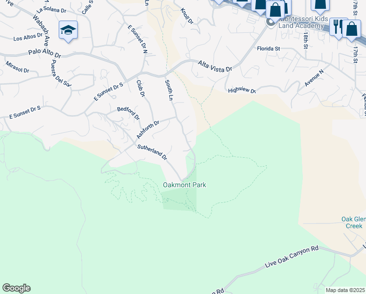 map of restaurants, bars, coffee shops, grocery stores, and more near 13088 South Lane in Redlands