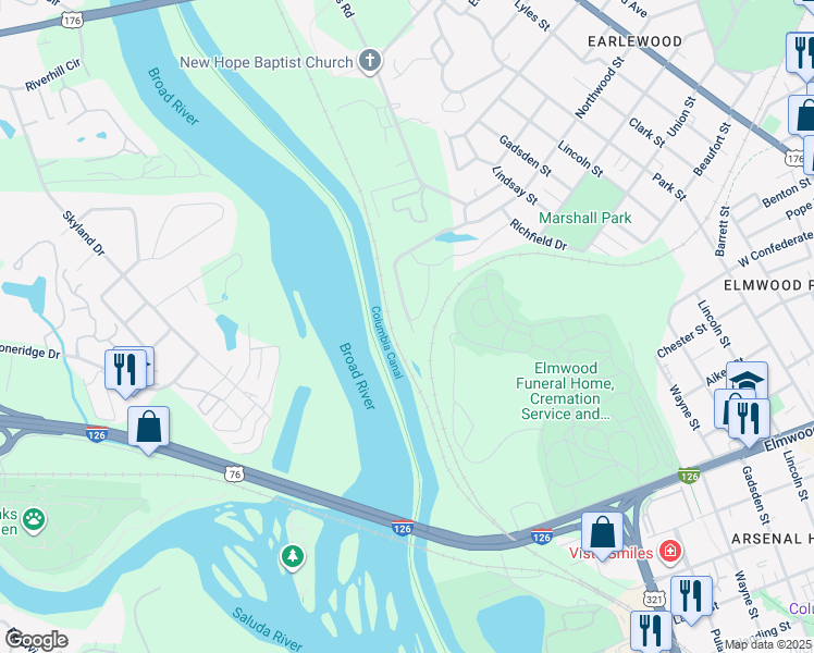 map of restaurants, bars, coffee shops, grocery stores, and more near 191 Northwood Street in Columbia