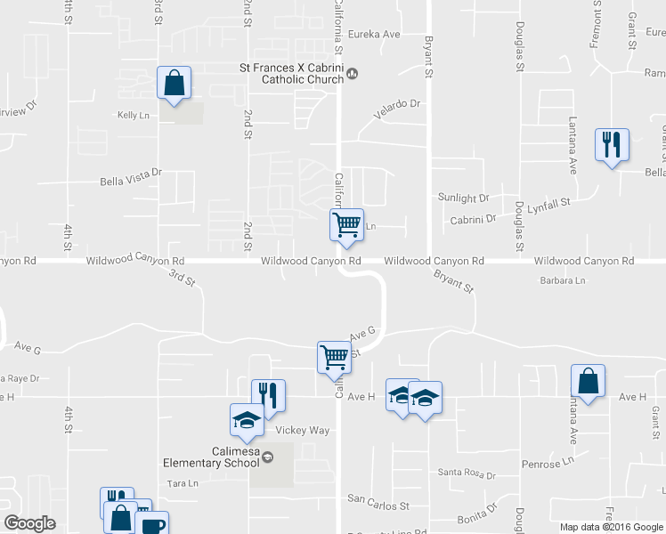 map of restaurants, bars, coffee shops, grocery stores, and more near 35077 Wildwood Canyon Road in Yucaipa