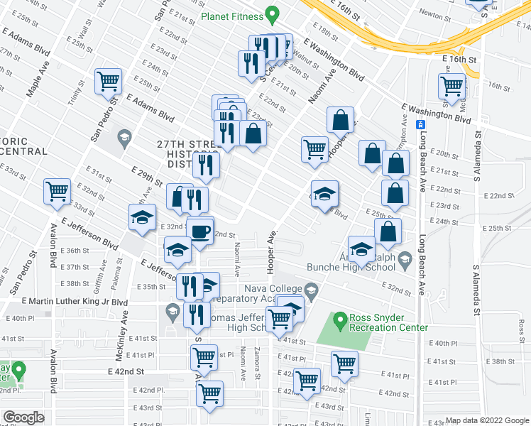map of restaurants, bars, coffee shops, grocery stores, and more near 1235 East 28th Street in Los Angeles
