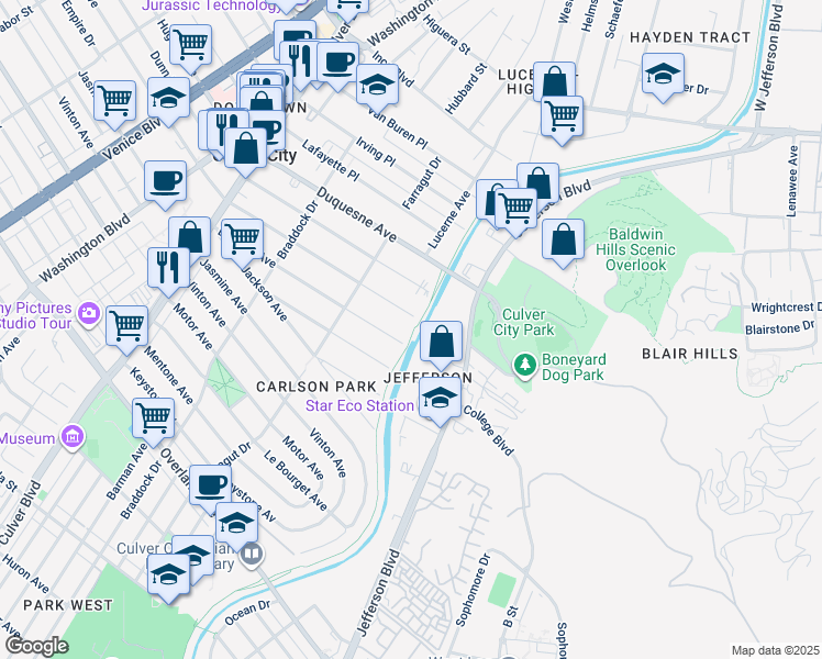 map of restaurants, bars, coffee shops, grocery stores, and more near 4279 Madison Avenue in Culver City