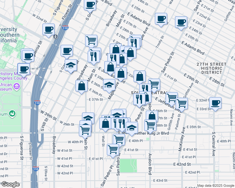 map of restaurants, bars, coffee shops, grocery stores, and more near 317 East 36th Street in Los Angeles