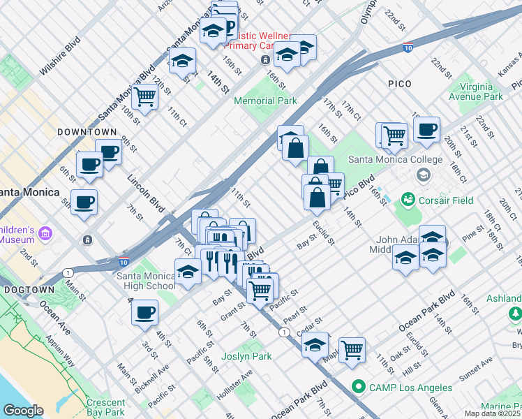 map of restaurants, bars, coffee shops, grocery stores, and more near 1837 11th Street in Santa Monica