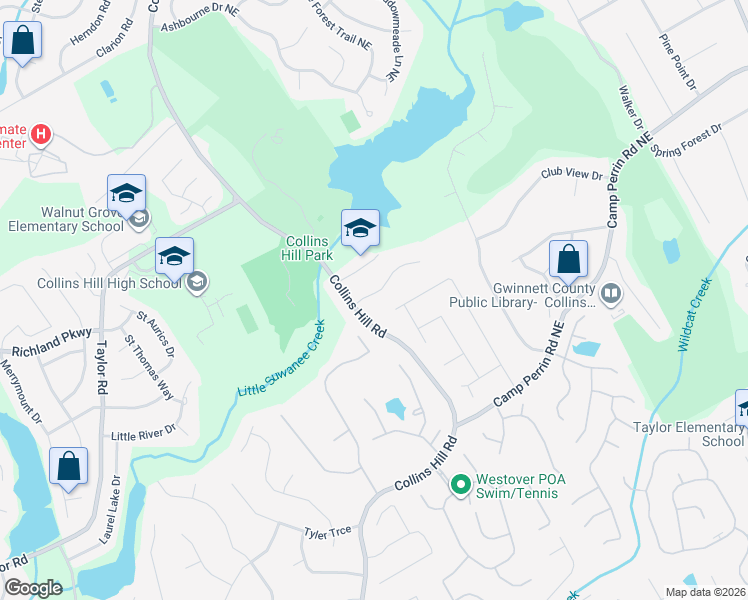 map of restaurants, bars, coffee shops, grocery stores, and more near 205 Camden Creek Court Northeast in Lawrenceville
