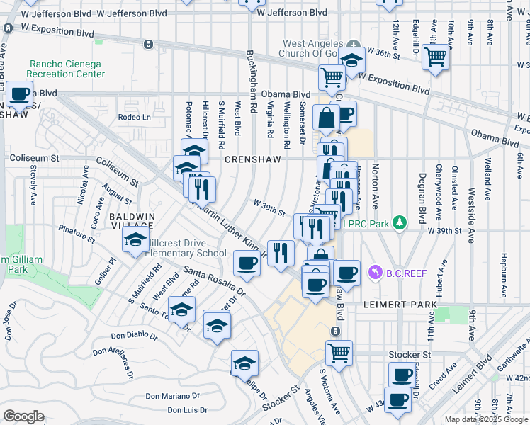 map of restaurants, bars, coffee shops, grocery stores, and more near 3906 Virginia Road in Los Angeles