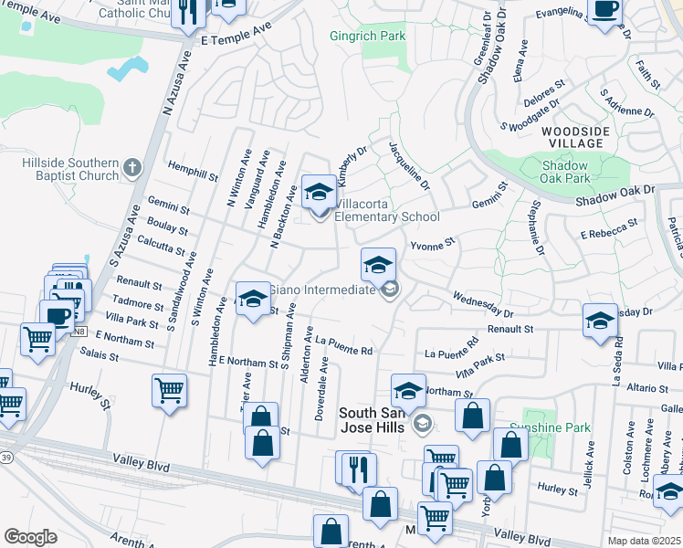 map of restaurants, bars, coffee shops, grocery stores, and more near 128 South Shipman Avenue in La Puente
