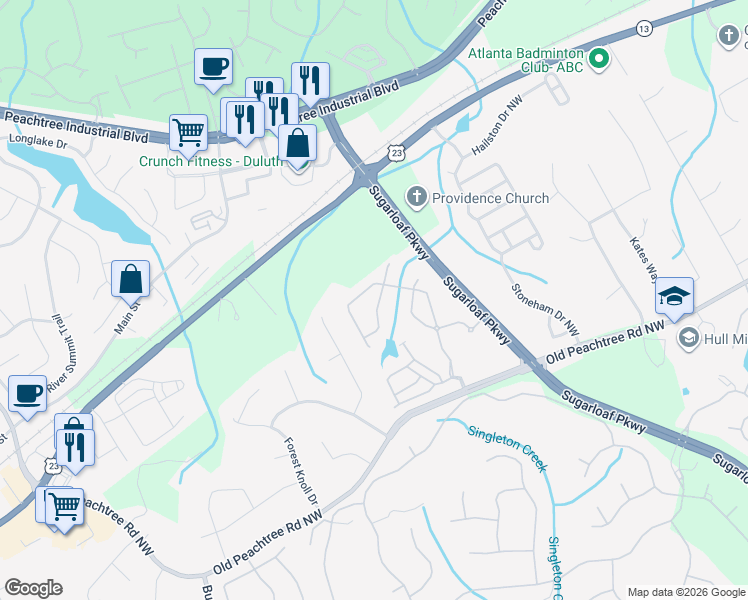 map of restaurants, bars, coffee shops, grocery stores, and more near 3692 Terrah Point Drive in Duluth