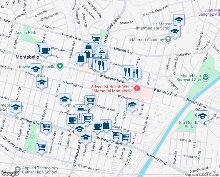 map of restaurants, bars, coffee shops, grocery stores, and more near 412 North 6th Street in Montebello