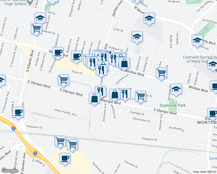 map of restaurants, bars, coffee shops, grocery stores, and more near 1016 Simmons Avenue in East Los Angeles