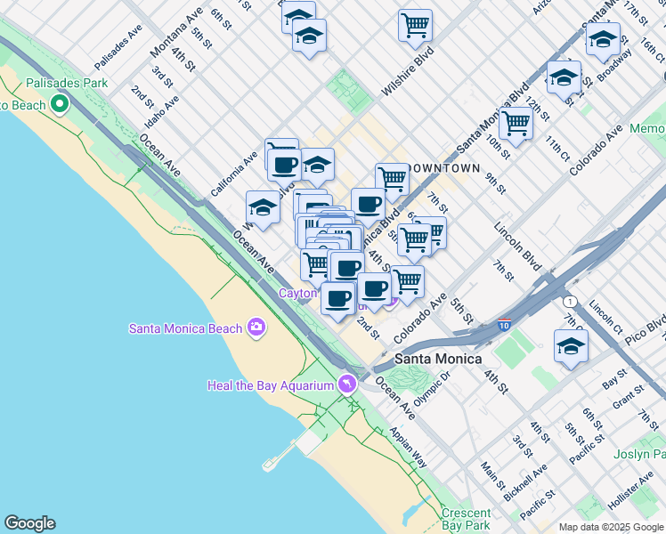 map of restaurants, bars, coffee shops, grocery stores, and more near in Santa Monica
