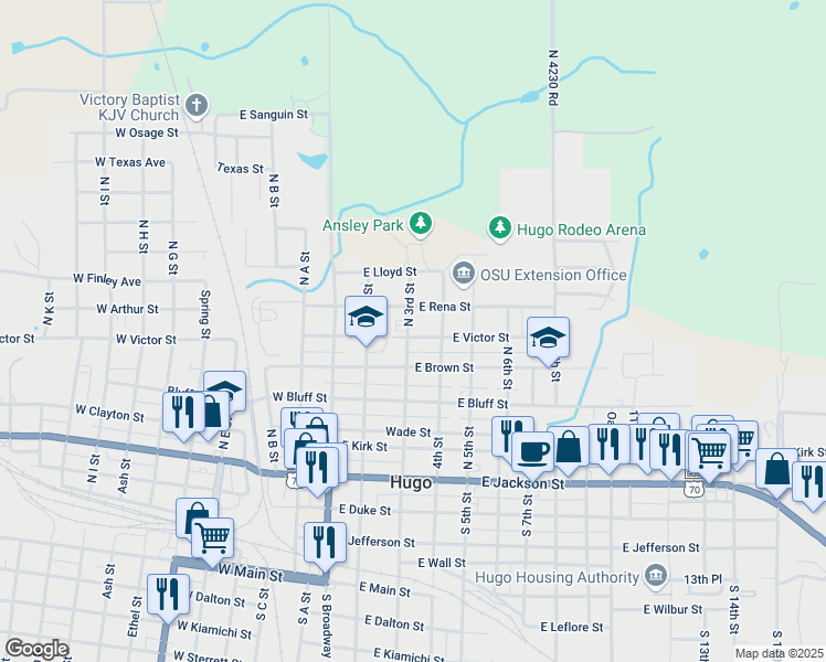 map of restaurants, bars, coffee shops, grocery stores, and more near 702 North 3rd Street in Hugo