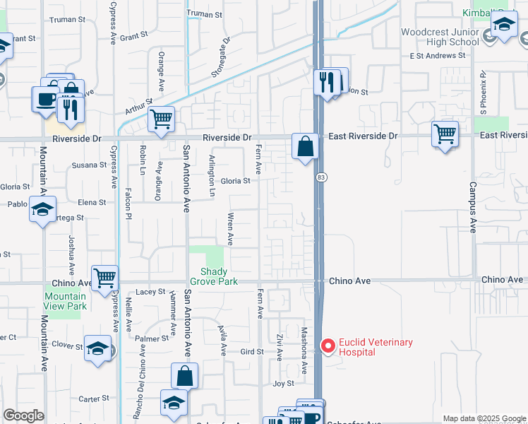 map of restaurants, bars, coffee shops, grocery stores, and more near 13102 Melon Avenue in Chino