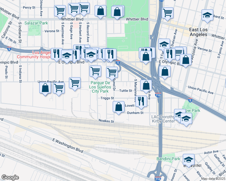 map of restaurants, bars, coffee shops, grocery stores, and more near 1339 South Sunol Drive in Los Angeles