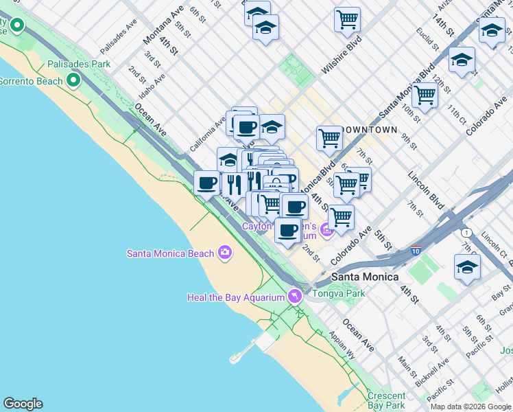 map of restaurants, bars, coffee shops, grocery stores, and more near 1322 2nd Street in Santa Monica