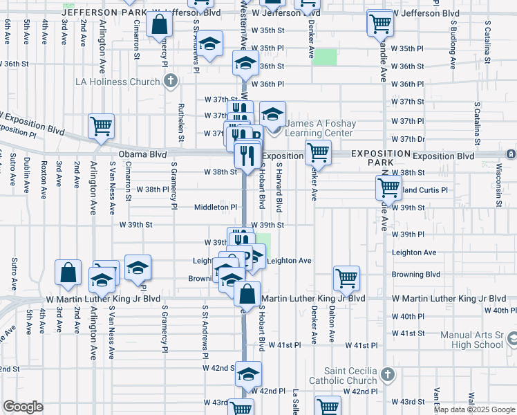 map of restaurants, bars, coffee shops, grocery stores, and more near 3863 South Hobart Boulevard in Los Angeles