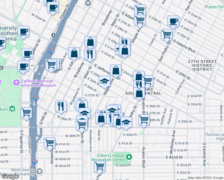 map of restaurants, bars, coffee shops, grocery stores, and more near 313 East 36th Street in Los Angeles