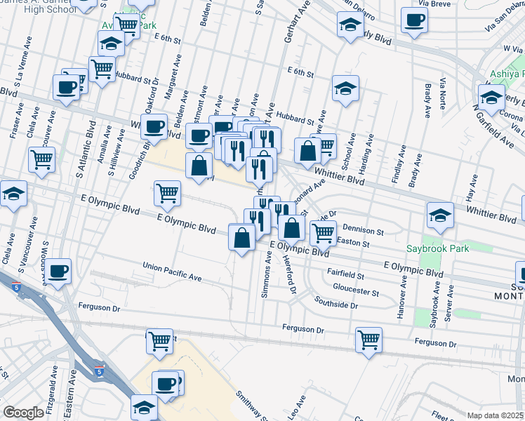 map of restaurants, bars, coffee shops, grocery stores, and more near 5756 Grace Place in Commerce